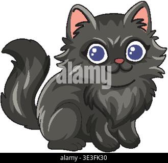 Eine flauschige schwarze Katze im Cartoon-Stil mit großen blauen Augen sitzt auf weißem Hintergrund Stock Vektor