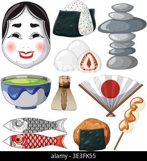 Japanisches Essen, kulturelle Symbole und Utensilien im flachen Vektor-Stil mit klaren Linien Stock Vektor