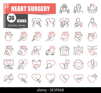 Dünne farbige Symbole für Herzchirurgie. Medizinische Kardiologie, chirurgisches Verfahren, Herztransplantation und medizinische medizinische medizinische medizinische medizinische medizinische medizinische medizinische lineare Vektorsymbole. Stock Vektor