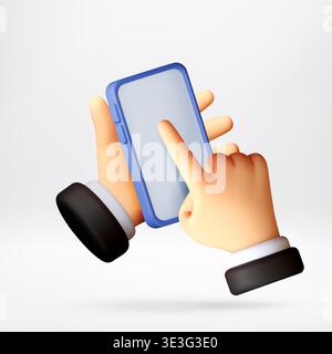 3D-Hand halten und Smartphone-Bildschirm berühren. Stock Vektor