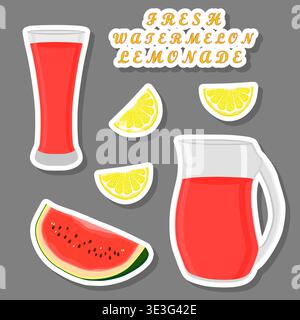 Illustration zum Thema der leckeren Wassermelonen-Limonade in Glaskanne, transparenter Krug bestehend aus einer Scheibe roter weicher Frucht-Wassermelone in Limonade, natürlicher Schw Stock Vektor