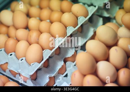 Braune Eier in Kartons auf einem Markt stapeln, frische landwirtschaftliche Erzeugnisse zum Kochen und Backen Stockfoto