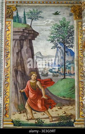 Johannes der Täufer geht in die Wüste von Domenico Bigordi, bekannt als Ghirlandaio (1449–1494) und seiner Werkstatt - Tornabuoni Kapelle (Hauptkapelle) - Basilika Santa Maria Novella - Florenz, Italien Stockfoto