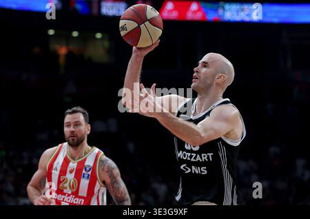 Belgrad, Serbien. März 2026. Partizan's Nick Calathes während des ABA League Derby Basketballspiels zwischen Crvena Zvezda (Red Star) und Partizan am 22. März. 2026. In Belgrad, Serbien. (Foto: Pedja Milosavljevic/STARSPORT ©) Stockfoto