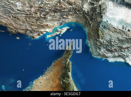 Satellitenreliefkarte der Meerenge von Hormuz und Schifffahrtswege - 3D-Rendering - Open Source copernicus Sentinel 2 Satellitenbilder Stockfoto