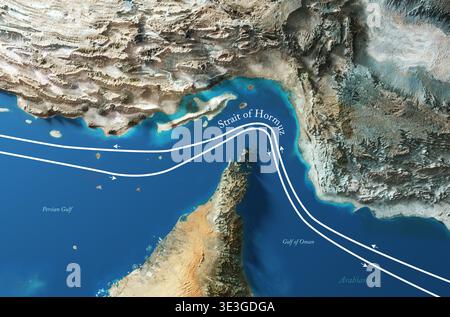 Satellitenreliefkarte der Meerenge von Hormuz und Schifffahrtswege - 3D-Rendering - Open Source copernicus Sentinel 2 Satellitenbilder Stockfoto