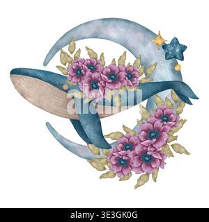 Aquarellillustration eines blauen Wals, umgeben von einem Halbmond mit rosa Anemonenblüten und grünen Blättern. Perfekt für Kinderzimmer Dekor Baby Desig Stockfoto