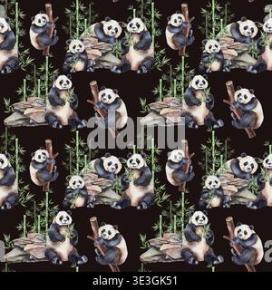 Nahtloses Aquarellmuster mit Pandas, Bambus und Felsen. Illustration für Kinderprodukte, Textilien, Verpackungen, Kinderzimmer-Dekor, Zoo und Heiligtum Stockfoto