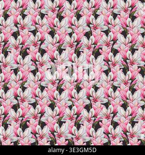 Nahtloses Aquarellmuster mit rosa und weißen Magnolienblüten und Knospen im botanischen Blumenstil. Illustration für Textil, Tapete, Verpackung, Sta Stockfoto