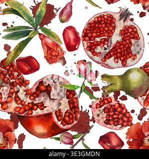 Aquarell nahtloses Muster ganze Granatäpfel öffnen Fruchtsamen Blüten Knospen und Blätter auf einem weißen Hintergrund. Abbildung für Verpackung Küchendekoration Stockfoto