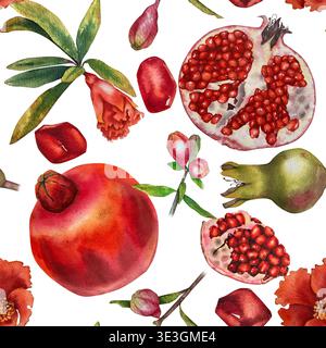 Aquarell nahtloses Muster ganze Granatäpfel öffnen Fruchtsamen Blüten Knospen und Blätter auf einem weißen Hintergrund. Abbildung für Verpackung Küchendekoration Stockfoto