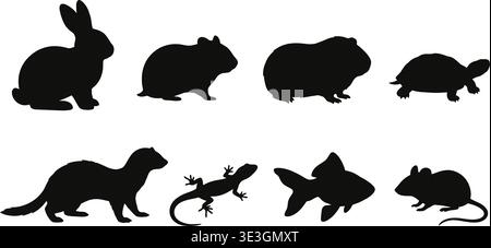 Diverse kleine Haustier-Silhouetten mit Kaninchenhamster Meerschweinchen Schildkröte Frettchen Eidechse Goldfisch Maus in massivem Schwarz für kleine Haustier-Design Stock Vektor