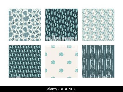 Nahtloses Blau- und Grünmuster mit verstreuten Gartenblättern. Blaue Pflanze in einer Vektormustersammlung nahtloser Fliesen. Botanische Blätter auf beigem A Stock Vektor