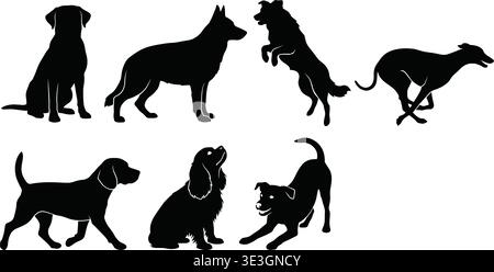 Beliebte Hundesilhouetten mit sitzendem Stehen, springend, laufendem Gehen, verspielter Bogen, der sich in massivem Schwarz niederlegt, für Tiermotive Stock Vektor