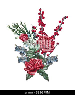 Komposition roter Rosen mit Grün, Eukalyptus und Beeren, Aquarellillustration im botanischen Stil. Für weihnachtsdekor, Grußkarte, floris Stockfoto