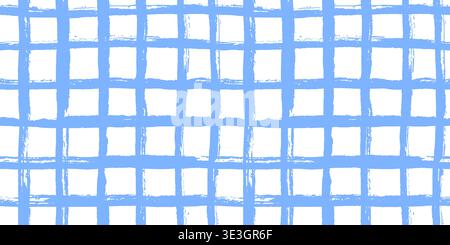 Nahtloses Babymuster mit Karomuster. Wiederholter weißer Hintergrund mit blauem Pinselstrich im Gingham-Dekor für Picknick. Wave Tischdecke Checker Doodle PR Stock Vektor