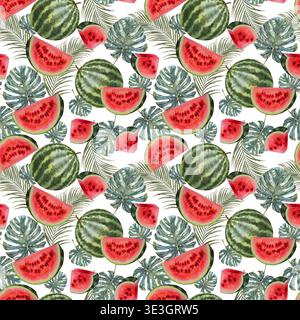 Nahtloses Aquarellmuster mit roten Wassermelonenscheiben, ganzen Früchten und tropischen Palmen- und Monsterablättern. Illustration für Sommerverpackung, Stoff Stockfoto