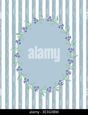 Vintage-Rahmen mit verzierten lilafarbenen Blüten in Form eines lilafarbenen Ovals auf blau gestreiftem Hintergrund. Stockfoto