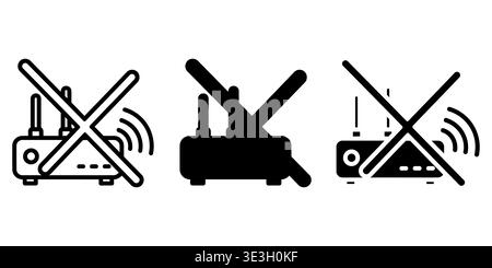 Drei Varianten eines schwarz-weißen Symbolsatzes, der einen nicht verbundenen Wireless-Internet-Router Vektor darstellt Stock Vektor