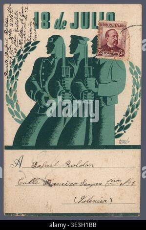 España. Guerra Civil (1936-1939). Tarjeta postalisch. Cartel del Comisariado de Guerra del Ejército beliebt. Stockfoto
