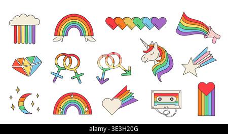 Handgezeichneter LGBTQ-Stolz umgibt Symbole auf weißem Hintergrund. Aufkleber im Retro-Stil der 70er Jahre mit Geschlechtssymbolen, Regenbogeneinhorn, Kassettenband, Herzen und Stock Vektor