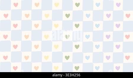 Pastellfarben in Regenbogenfarben mit Herzmuster. Handgezeichneter blauer und weißer Schachbretthintergrund im Retro-Stil. Niedliches, ästhetisches Design für Stolz, Einrichtung im Kinderzimmer Stock Vektor