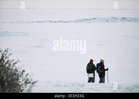 Zwei Erwachsene Wanderer stehen auf verschneiten Landschaften mit Rucksäcken und Trekkingstöcken, mit Blick vor der Kamera, und erkunden die winterliche Wildnis mit eisigem Gelände, das sich bis in die Ferne erstreckt Stockfoto