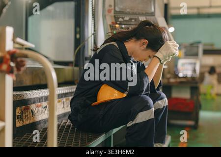Frau Arbeiterin fühlt sich versagt verlorene Geste in der Schwerindustrie, Ingenieurarbeit weibliche müde Müdigkeit erschöpfter Ausdruck Ruhe in der Metallfabrik Stockfoto