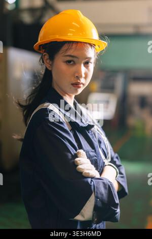 Porträt Junge asiatische thailändische Ingenieur-Frau Arbeiter trägt Helmarbeit in der schweren Industrie Fabrik Arm Falten Smart selbstbewusst, vertikale Aufnahme Stockfoto