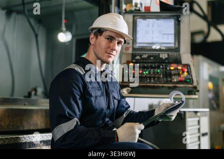 Professioneller kaukasischer junger Ingenieur männlicher Arbeiter glücklich lächelnd in der CNC-Maschine der Schwermetallfabrik Stockfoto