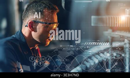 Moderner Industriearbeiter nutzt moderne digitale KI-Technologie, um Probleme zu lösen und das Leistungskonzept der Maschinenwartung zu verbessern. Stockfoto