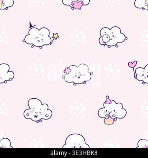Kawaii Wolken nahtloses Muster. Süße Hexe, Forscher, in Liebesfiguren. Weiße Wolkendruckschablone für Stoff, Textil, Tapete, heute Vektor Stock Vektor