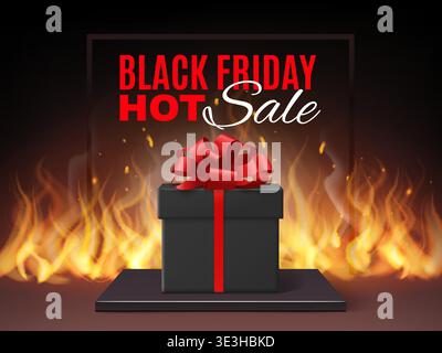 Verkaufsposter am Black friday. Brennendes Geschenk mit rotem Band, Rabatttag, realistische Elemente. Geschenkbox in Flammen, Einzelhandelsaktion, heißes saisonales Angebot Stock Vektor