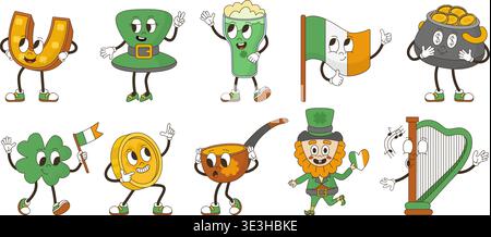 Saint patricks Day groovige Charaktere. Green Had und Ale Bier Glas, Goldmünzen, Klee oder Klee, irland Flagge und Kessel Topf, neoterische Vektorset Stock Vektor