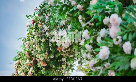 Hochzeitsbogen mit rosa und weißen Rosen und Grün am blauen Himmel Stockfoto