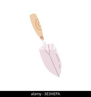 Flache Illustration einer Gartenkelle mit Holzgriff. Perfekt für Gartenarbeit, Pflanzen und Outdoor-Design. Einfache, moderne Werkzeugabbildung. Stock Vektor