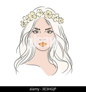 Schönes Frauenporträt in einem Blumenkranz, eleganter weiblicher Avatar mit langen Haaren, flache Vektorillustration im Linien-Grafik-Stil Stock Vektor