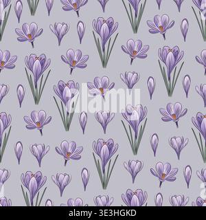 Nahtloses Muster von Krokusblüten, lila Frühlingsblüten mit Blättern, zarter sich wiederholender botanischer Hintergrund, eleganter floraler flacher Vektor Stock Vektor