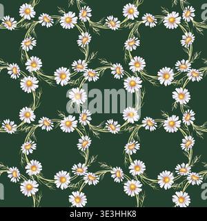 Nahtloses Muster mit Kränzen aus weißen Gänseblümchen und Blättern auf dunkelgrünem Hintergrund. Aquarellabbildung. Realistischer Hintergrund mit Wildblumen Stockfoto