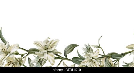 Vorlage der nahtlosen Grenze von weißen Lilien in Aquarell Clipart als Symbol der Reinheit und Unschuld. Dekoration für Beerdigung, Hochzeit, Kommunion Stockfoto