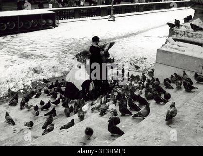Dieses Schwarz-weiß-Straßenfoto von Angelo Rizzuto aus den 1940er Jahren zeigt zwei Frauen, die auf schneebedeckten Stufen in New York City eine Taubenherde füttern. Die Szene zeigt den Alltag und die Interaktion mit der urbanen Tierwelt an einem Wintertag und hebt Vintage-Mode und den einzigartigen Charme der Stadt hervor. Stockfoto