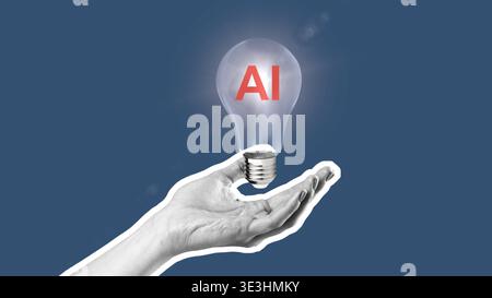 Glühbirne in der Hand gehalten mit KI-Buchstaben, die Innovationen in der Technologie zeigen Stockfoto