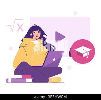 Vektor-Illustration einer Frau, die mit einem Laptop sitzt und online studiert. Sie ist von Bildungssymbolen umgeben, die Lernen und Wachstum in einer digitalen Umgebung suggerieren. Stock Vektor