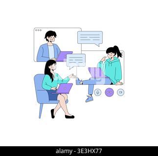 Vektorillustration, die ein virtuelles Meeting mit drei Personen mit Laptops und Chat-Blasen darstellt. Die Einstellung konzentriert sich auf Teamarbeit und Online-Kommunikation in einem digitalen Arbeitsbereich. Stock Vektor