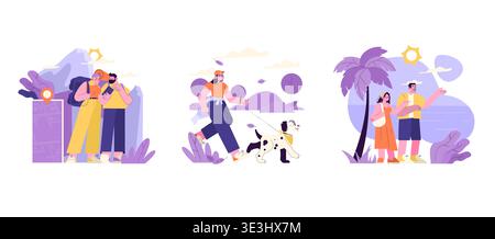 Vektorillustration mit drei Szenen von Outdoor-Aktivitäten. Ein Paar navigiert mit einer Karte, eine Person geht mit einem Hund spazieren, und ein anderes Paar liebt es, das Meer zu zeigen. Lebendige und fesselnde Szenen. Stock Vektor