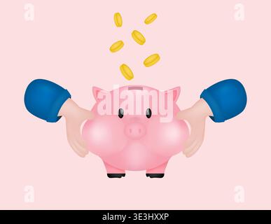 Schweinebank in der Handfläche. Geld Kreatives Geschäft 3D Design Goldmünzen. Einsparungen bei Finanzinvestitionen. Finanzdienstleistungen. Vektorabbildung Stock Vektor