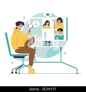 Vektorillustration einer virtuellen Besprechungsszene mit Teilnehmern, die an der Online-Kommunikation beteiligt sind. Zeigt vier Personen, die per Videoanruf interagieren, wobei die Online-Zusammenarbeit hervorgehoben wird. Stock Vektor