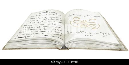 Aquarellillustration von offenen Vintage-Seiten und handgeschriebenem Text. Klassisches Leseobjekt auf isoliertem Hintergrund für Bildungsdesign, Literaturthemen und Retro-Branding. Stockfoto