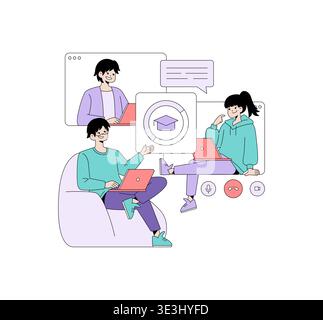 Vektor-Illustration von drei Personen, die an einer Online-Lernsitzung mit Laptops und virtuellen Kommunikationstools teilnehmen, wobei die Zusammenarbeit in einer digitalen Bildungsumgebung hervorgehoben wird. Stock Vektor