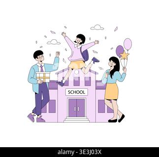 Vektor-Illustration eines fröhlichen Schülers, der vor Aufregung vor einem Schulgebäude springt. Zwei andere feiern, einer hält Ballons, ein anderes Geschenk, bringt Glück und Erfolg zum Ausdruck. Stock Vektor